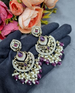 Designer Pear Cut Gem Stone Chandbali With Pearl Drop <b>Dangle</b> <b>Earrings</b> For Womens Traditional Festive and Party Wear Manufacturer - Product Image 6