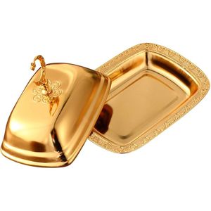 Plateau à beurre de luxe en métal doré et argenté avec couvercle, boîte à beurre en acier inoxydable avec poignée en forme de croissant de lune, plateau de service de style turc - Product Image 4
