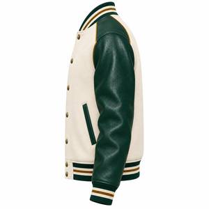 Men's Green Wool/Polyester Varsity <b>Jacket</b> <b>Fleece</b> <b>Lined</b> Crew Neck Preppy Streetwear Winter Wear Color Blocking Embroidery - Product Image 2