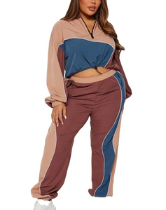 Ensemble de survêtement sportif color-block pour femme, manches longues, fermeture éclair, coupe ample, en polyester tricoté, deux pièces, tenue de sport - Product Image 1
