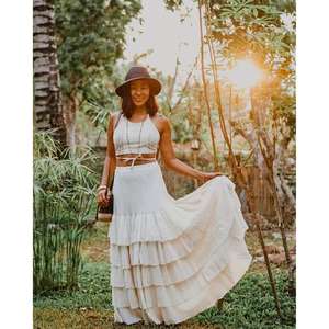 Ensemble jupe deux pièces bohème pour femme, haut court en coton à épaules dénudées et jupe longue à volants, tenue de plage estivale - Product Image 3