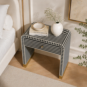 Modern Handmade Durable Bone Inlay Nightstand <b>Bedside</b> Table Black <b>White</b> Striped Side Cabinet for Apartment Farmhouse Bedroom - Product Image 3