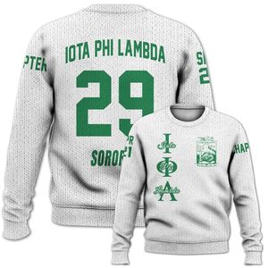 Chaqueta Universitaria Blanca Personalizada Iota Phi Lambda, Suéter Tejido de la Hermandad Iota Phi Lambda - Product Image 4