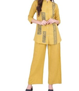 Women's 2 Piece Cotton Crepe <b>Set</b> Mandarin Collar Top With Palazzo Trousers Solid Color Loose Fit Casual Spring Summer Wear - Product Image 4