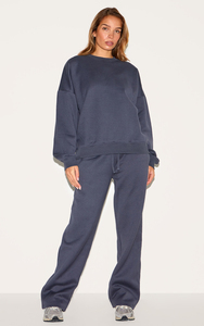 Ensemble de survêtement pour femmes, couleur unie, manches longues, col rond, coupe ample, fermeture à cordon, poches latérales, vêtements décontractés d'automne, 100% coton - Product Image 2