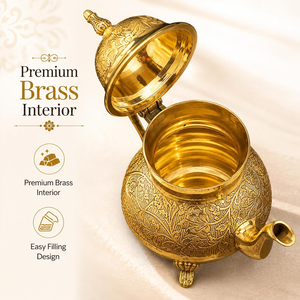 Hand Engraved Pure Brass Tea Kettle <b>Floral</b> Etched <b>Teapot</b> Golden Finish Decorative Serving Pot Traditional Metal Tea Ware - Product Image 4