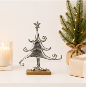 Handcrafted Minimalist Silver Metal Xmas <b>Tree</b> <b>Tabletop</b> Ornament Elegant Festive Centerpiece With Rustic Wood Stand High-Quality - Product Image 4