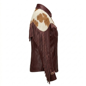 Shirt Collar Burgundy Wine <b>Fringe</b> Cowhide Hair On Hide <b>Womens</b> Western Leather <b>Jacket</b> Spotted Fur Country Rodeo Coat - Product Image 3