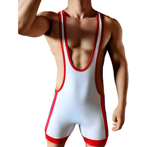 Débardeur de lutte pour homme, blanc, rouge et bleu, à blocs de couleur, ajusté, en Spandex et Nylon, pour l'entraînement aux arts martiaux - Product Image 2