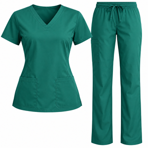 Bottle Green <b>Womens</b> Medical Scrub Set V Neck <b>Short</b> Sleeve Pocket Top Drawstring Straight Leg <b>Trousers</b> Nursing Uniform Daily Use - Product Image 6