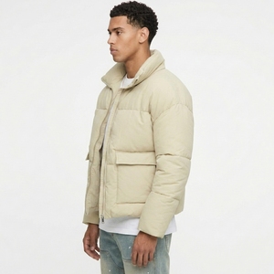 Oem Men's Beige Puffer Jacket Stand Collar Zipper Closure Windproof <b>Thick</b> Polyester <b>Winter</b> Casual <b>Coat</b> - Product Image 4