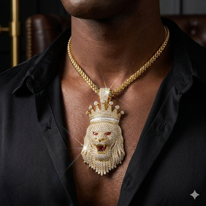 Men's Luxurious 925 <b>Silver</b> Gold Plated Iced Custom King <b>Crown</b> Lion Animal Face Moissanite Diamond Hip Hop Party Charms Pendants - Product Image 2