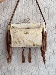 Bolso bohemio informal de piel para mujer, bolso de compras metálico con pelo en elegante acento de pelo sobre piel - Product Image 3