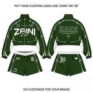 Conjunto Deportivo Corto para Mujer, Chaqueta Cortavientos de Poliéster 220 GSM, Verde Oscuro con Paneles Blancos, Logotipo Personalizado - Product Image 1