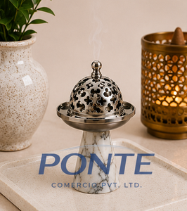 Silver Metal Incense Burner with Natural Marble Base Modern Arabic Bakhoor Holder & <b>Decorative</b> Oud Censer For Home Fragrance - Product Image 2