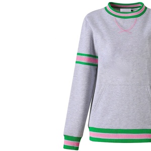 Sweat-shirt gris à col rond pour femme avec rayures vertes et roses, haut tricoté décontracté à manches longues avec poches - Product Image 4