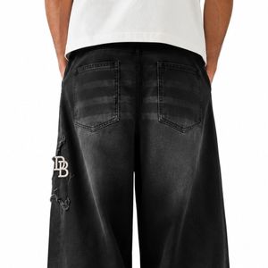 Jean baggy noir délavé surdimensionné pour homme, coupe large, en denim déchiré avec patch brodé blanc, style streetwear - Product Image 5