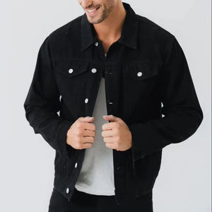 Veste à capuche en denim noir délavé pour homme, fermeture à boutons, manches régulières, couleur unie, 100% coton, style décontracté d'hiver - Product Image 1