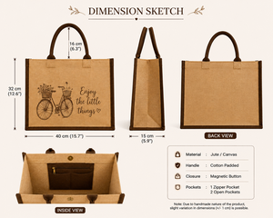 Bolsa de compras grande de yute marrón con diseño de bicicleta y flores, texto 'Enjoy The Little Things', asa superior, parte superior abierta - Product Image 2
