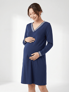 Vestido de Maternidad y Lactancia Bmama Azul Marino, Mezcla de Algodón, Vestido de Lactancia con Acceso Cruzado, Manga Larga, Venta al Por Mayor OEM - Product Image 5