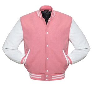 Fashionable Pink Wool Varsity <b>Jacket</b> with Genuine <b>Leather</b> Sleeves Streetwear Chic for Women Trendy FallWinter Bulk Available - Product Image 6