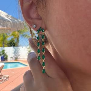 Women's 925 Sterling <b>Silver</b> Emerald Drop <b>Earrings</b> Pear Cut Claw Setting 18K Gold Plated Classic Wedding Jewelry - Product Image 3