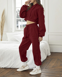 Conjunto de Sudadera con Capucha de Forro Polar Rosa para Mujer, Corte Ajustado, Color Sólido, Estilo Urbano, y Pantalones Jogger Transpirables de Spandex - Product Image 5