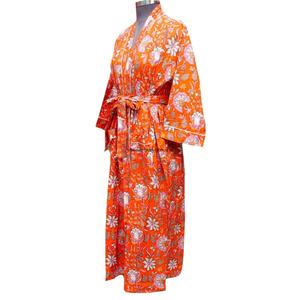 Robe kimono en coton à imprimé floral pour femmes, longueur intégrale, col en V, manches longues, fermeture à ceinture, lavable en machine, élégante, orange - Product Image 4