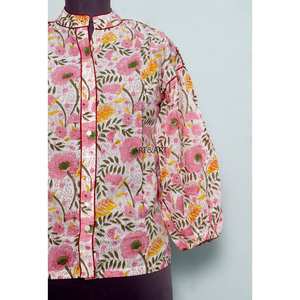 Hauts d'extérieur pour femmes - Design floral vintage coréen 100% coton écologique respirant à manches bouffantes col en V moderne toutes saisons - Product Image 2