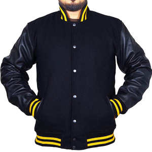 Veste universitaire personnalisée pour homme en laine noire avec manches en simili cuir, veste bomber de baseball à rayures jaunes pour la vente en gros - Product Image 1