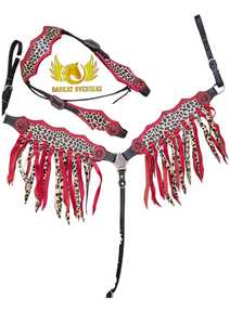 Ensemble de sellerie western haut de gamme en cuir naturel souple, motif guépard rouge, avec têtière et collier de poitrine, logo personnalisé, design personnalisable - Product Image 4