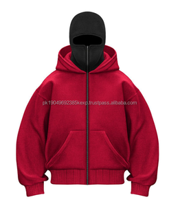 Sudadera con capucha y cremallera de doble capa con hombros caídos, estilo streetwear para hombre, con máscara facial completa tipo pasamontañas, en blanco, de alta calidad, venta al por mayor económica. - Product Image 4