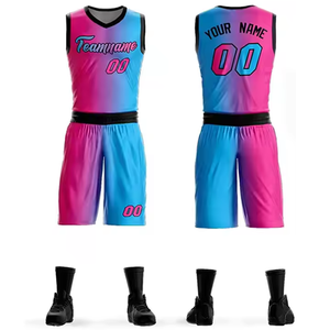 Ensemble de maillot de basket-ball personnalisé rose et bleu dégradé, impression par sublimation, polyester respirant, unisexe adulte, nom et numéro de l'équipe 00 - Product Image 1