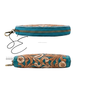 กระเป๋าใส่เหรียญหนังแท้ลายดอกไม้สีฟ้าคราม SEHRAINN รุ่นใหม่ปี 2026 ทำมือ พร้อมช่องใส่บัตรและเงินสด สไตล์ตะวันตก/ยิปซี - Product Image 4