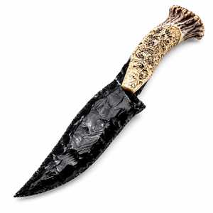 Couteau artisanal en obsidienne noire avec manche sculpté en bois de cerf – Poignard en pierre primitif - Product Image 1
