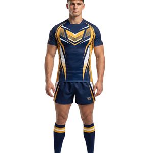 Ensembles d'uniformes de rugby à manches courtes respirants avec emblème aile dorée imprimé par sublimation, tissu athlétique à coutures renforcées, uniformes d'équipe - Product Image 2
