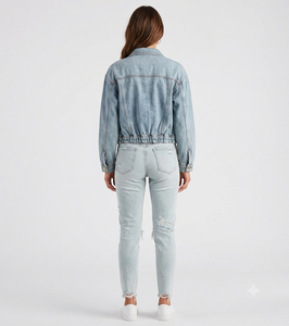 Women's <b>Denim</b> <b>Jacket</b> <b>Cropped</b> Loose Fit Vintage Washed Zipper Front Solid Color Casual Spring Style Distressed Jeans Coat - Product Image 2