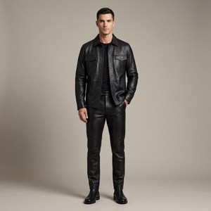 Traje de 2 Piezas de Cuero Genuino Negro para Hombre, Chaqueta y Pantalones a Medida, Traje de Cuero Genuino Negro de 2 Piezas para Hombre - Product Image 3