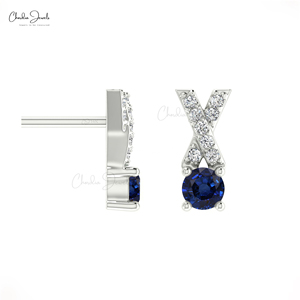 Trendy Products 5mm Round Cut Blue Sapphire & Diamond Criss Cross Stud <b>Earrings</b> In 14k Solid Gold Wholesale <b>Earring</b> Gift For Mom - Product Image 2