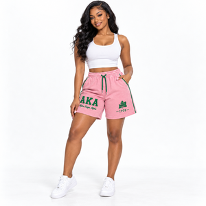 Shorts de Algodón Rosa Alpha Kapa Alpha con Ribete Verde, Logotipo Bordado en la Parte Delantera, Cordón Ajustable, Cintura Media, Estilo Casual - Product Image 1