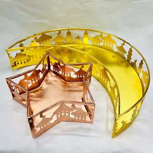 Plateaux décoratifs en métal découpés au laser, motif lune et étoile, or rose, pour le Ramadan et l'Aïd, ensemble de plateaux de service modernes, faits à la main, multi-pièces, décoration - Product Image 1