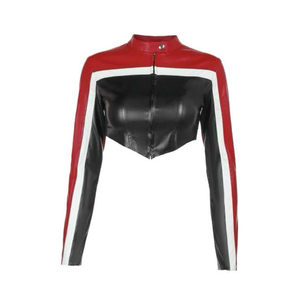 Chaqueta de Cuero Sintético PU Borgoña para Mujer, Estilo Bomber Vintage Chic de Otoño, Nueva Moda, con Logo, Manga Larga, Reversible, Teñido Liso - Product Image 2
