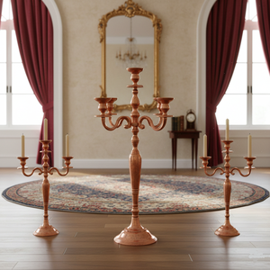 Candélabre à 5 bras en métal avec base en métal, bougeoir fait main en or rose pour la décoration de table de mariage et de noël - Product Image 2