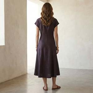 Brown Cotton Flax Paneled A-Line Midi <b>Dress</b> <b>For</b> <b>Women</b> Featuring Lightweight Fabric Modern Style Comfortable Fit <b>For</b> Everyday - Product Image 2