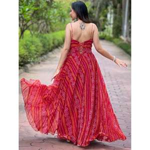 Vestido largo de verano para mujer, rojo, estampado, con tirantes finos, sin mangas, acampanado - Product Image 4