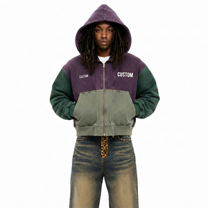 OEM Heavyweight Acid Wash Men Hoodies Custom Print Rhinestone Studded <b>Red</b> Sleeve Color Block Full Zip Up Hoodie Streetwear - Product Image 4