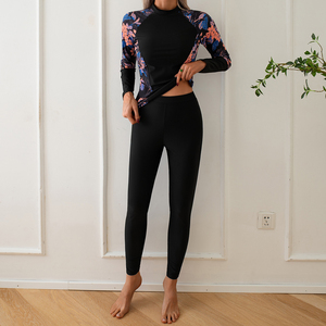 Women Floral Print High Neck Long Sleeve Swim Top With Black Leggings <b>Set</b> Stretch Knitted Athletic Wear Digital Print - Product Image 4