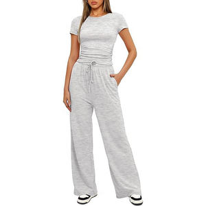 Camisetas de Algodón de Manga Corta con Logotipo Personalizado, Corte Ajustado, para Gimnasio, y Pantalones de Yoga Anchos con Dobladillo, de Moda, de Alta Calidad - Product Image 4