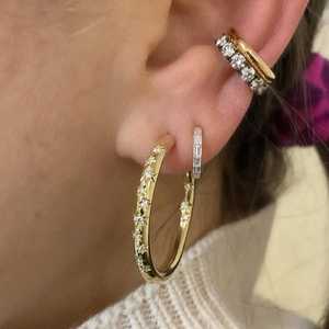 Diamond <b>Hoop</b> Earrings Round Lab Grown Diamond Hand Engraved Star Setting 26mm <b>Large</b> Pipe <b>Hoops</b> Earrings Wholesale 14k 18k Gold - Product Image 2