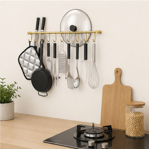 Support mural moderne doré en acier inoxydable pour cuisine, avec crochets, pour ustensiles et spatules - Product Image 2